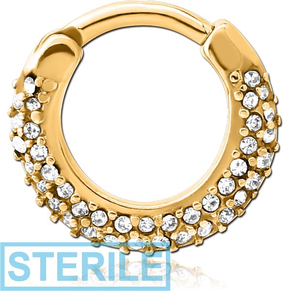 STERILE GOLD PVD COATED SURGICAL STEEL ROUND JEWELLED HINGED SEPTUM CLICKER