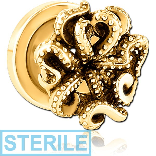 STERILE GOLD PVD COATED STAINLESS STEEL THREADED TUNNEL WITH SURGICAL STEEL TOP