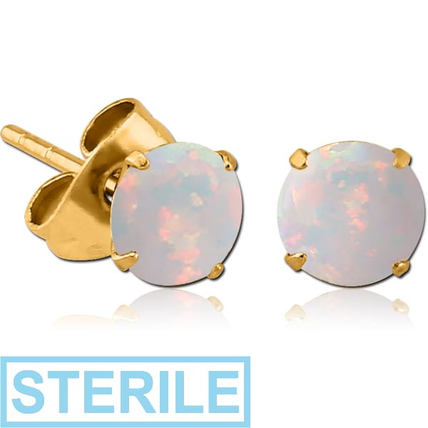 STERILE GOLD PVD COATED SURGICAL STEEL ROUND SYNTHETIC OPAL PRONG SET JEWELLED EAR STUDS PAIR