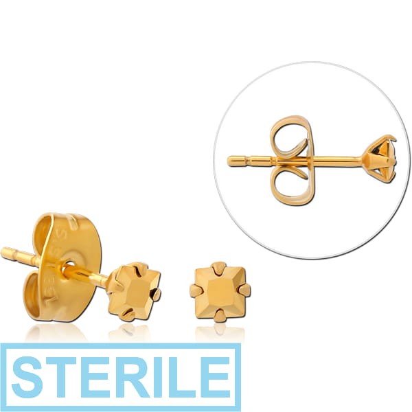 STERILE GOLD PVD COATED SURGICAL STEEL SQUARE PRONG SET JEWELLED EAR STUDS PAIR