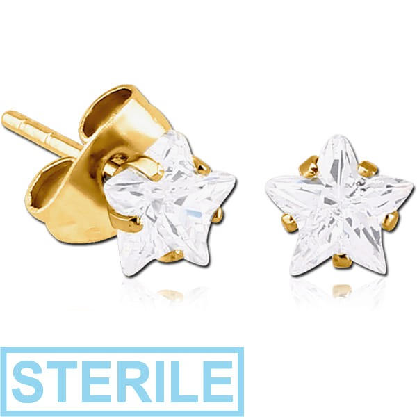 STERILE GOLD PVD COATED SURGICAL STEEL STAR PRONG SET JEWELLED EAR STUDS PAIR