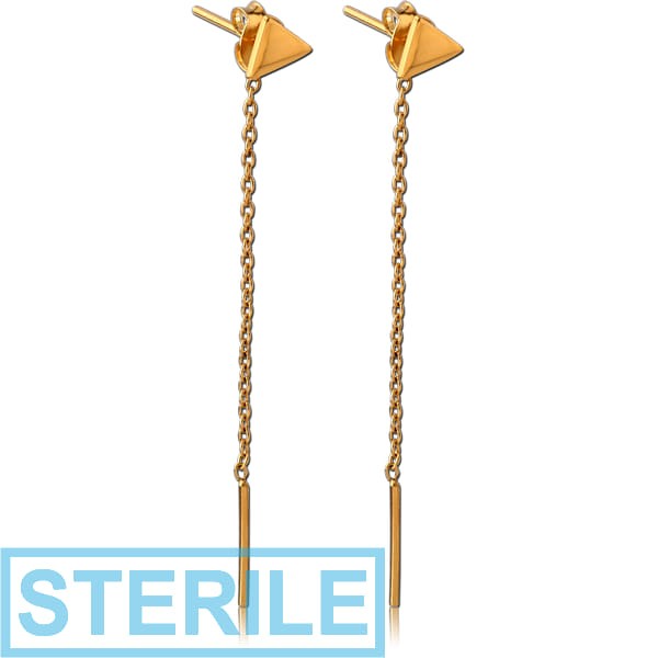 STERILE STERLING SILVER 925 GOLD PVD COATED EARRINGS PAIR - TRIANGLE STUD WITH HANGING BAR