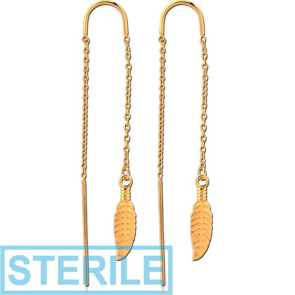 STERILE STERLING SILVER 925 GOLD PVD COATED CHAIN EARRINGS PAIR - LEAF