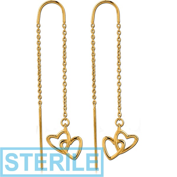 STERILE STERLING SILVER 925 GOLD PVD COATED CHAIN EARRINGS PAIR - HEARTS