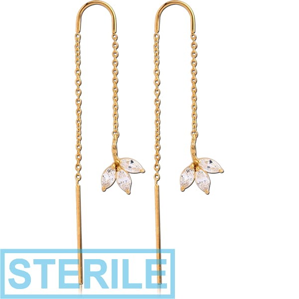 STERILE STERLING SILVER 925 GOLD PVD COATED JEWELLED CHAIN EARRINGS PAIR - LEAF