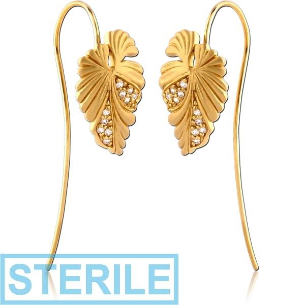 STERILE STERLING SILVER 925 GOLD PVD COATED JEWELLED EARRINGS PAIR - LEAF