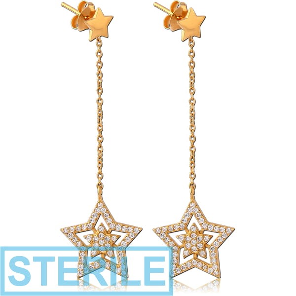 STERILE STERLING SILVER 925 GOLD PVD COATED JEWELLED EAR STUDS PAIR - STARS