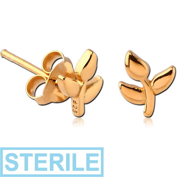 STERILE STERLING SILVER 925 GOLD PVD COATED EAR STUDS PAIR - LEAF
