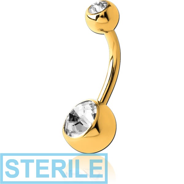 STERILE GOLD PVD COATED TITANIUM DOUBLE HIGH END CRYSTAL JEWELLED NAVEL BANANA