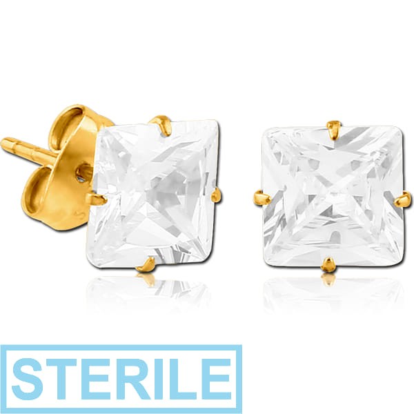 STERILE PAIR OF GOLD PVD COATED TITANIUM SQUARE PRONG SET JEWELLED EAR STUDS