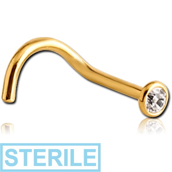 STERILE GOLD PVD COATED TITANIUM PREMIUM CRYSTAL JEWELLED CURVED NOSE STUD