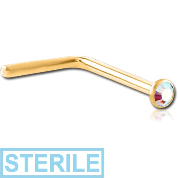 STERILE GOLD PVD COATED TITANIUM PREMIUM CRYSTAL JEWELLED 90 DEGREE NOSE STUD