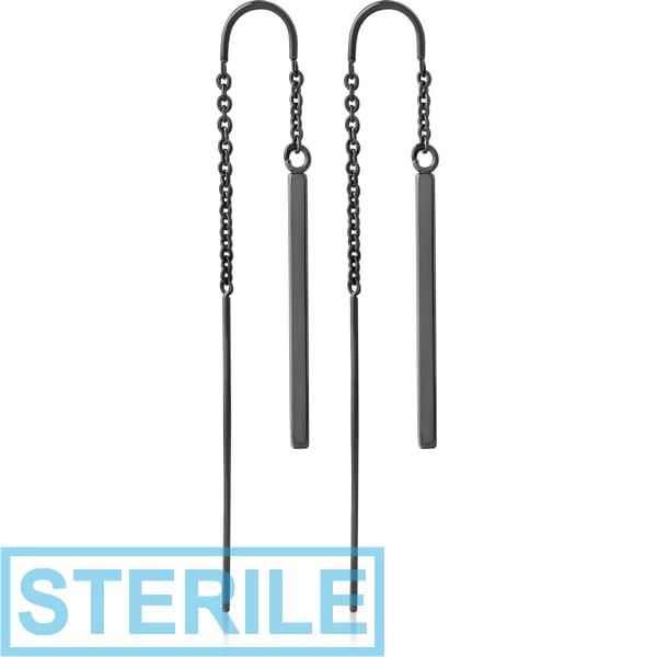 STERILE HEMETITE PVD COATED SURGICAL STEEL CHAIN EARRINGS PAIR - HANGING BARS