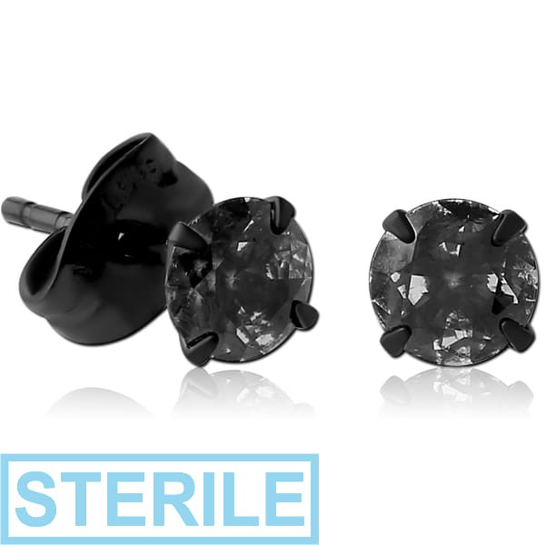 STERILE HEMETITE PVD COATED SURGICAL STEEL ROUND PRONG SET JEWELLED EAR STUDS PAIR