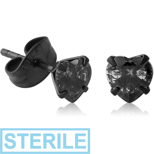 STERILE HEMETITE PVD COATED SURGICAL STEEL HEART PRONG SET JEWELLED EAR STUDS PAIR