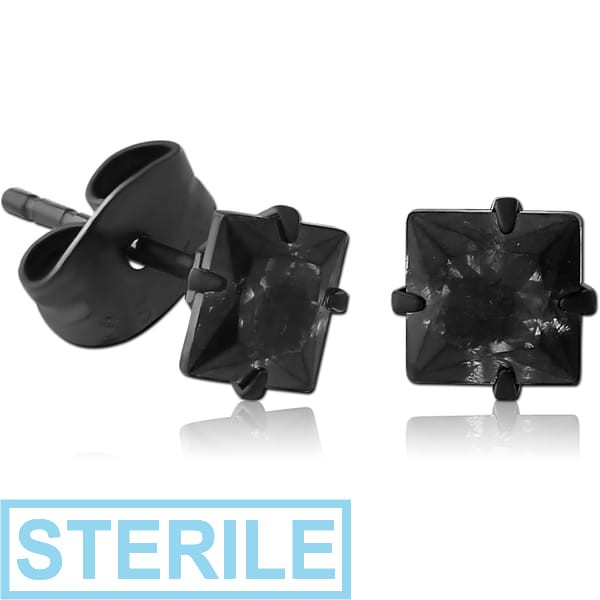 STERILE HEMETITE PVD COATED SURGICAL STEEL SQUARE PRONG SET JEWELLED EAR STUDS PAIR