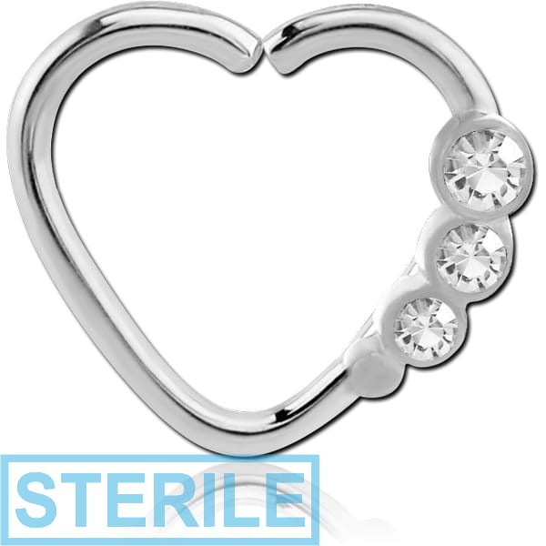 STERILE SURGICAL STEEL VALUE JEWELLED HEART OPEN SEAMLESS RING - LEFT