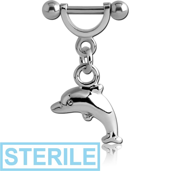 STERILE SURGICAL STEEL HELIX SHIELD WITH RHODIUM PLATED DOLPHIN CHARM