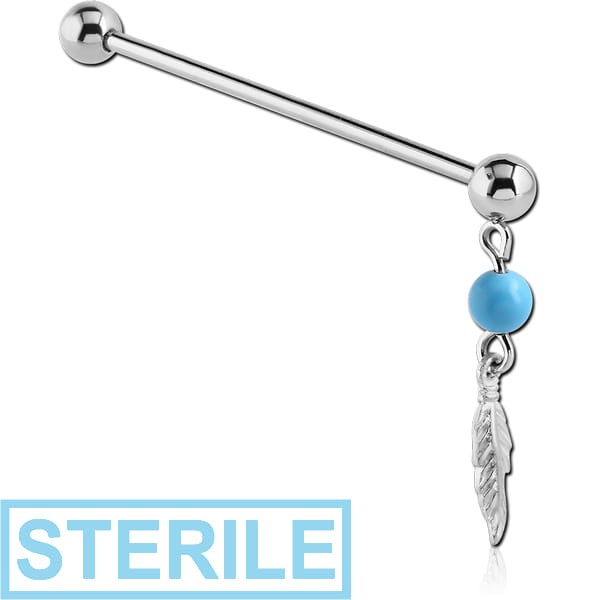 STERILE SURGICAL STEEL INDUSTRIAL BARBELL WITH WHITE METAL CHARM AND BEAD