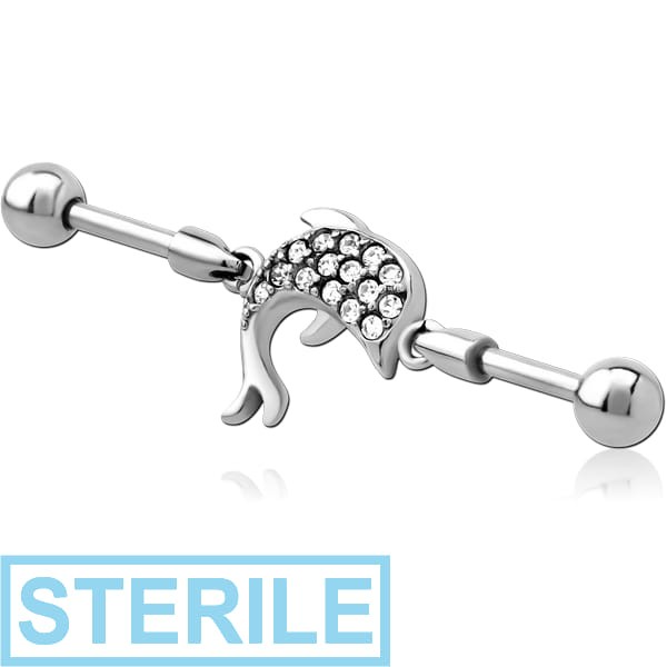 STERILE SURGICAL STEEL INDUSTRIAL BARBELL JEWELLED CHARM - DOLPHIN