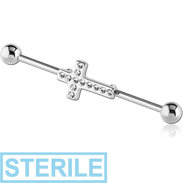 STERILE SURGICAL STEEL INDUSTRIAL BARBELL WITH JEWELLED CROSS