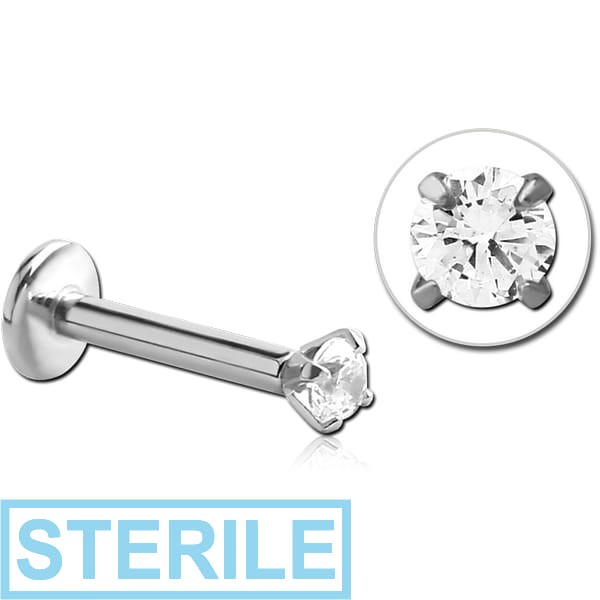 STERILE SURGICAL STEEL INTERNALLY THREADED LABRET WITH PRONG SET ROUND JEWELLED ATTACHMENT