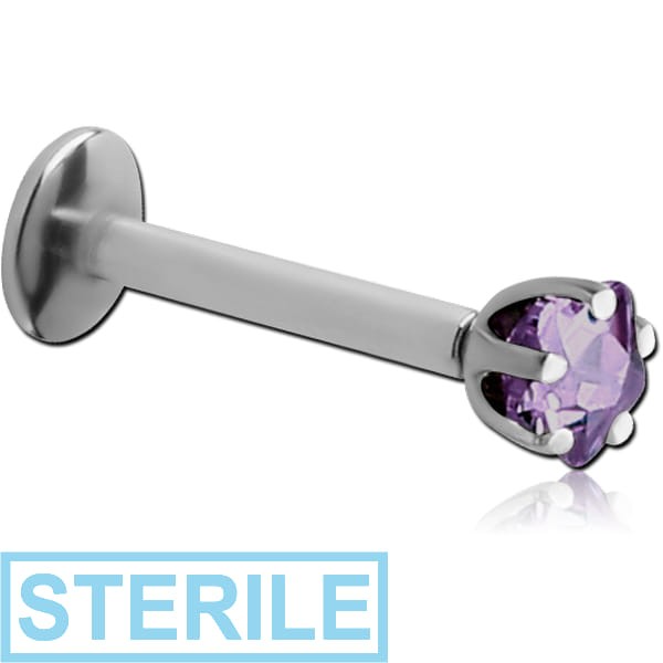 STERILE SURGICAL STEEL INTERNALLY THREADED LABRET WITH PRONG SET FLOWER JEWELLED ATTACHMENT