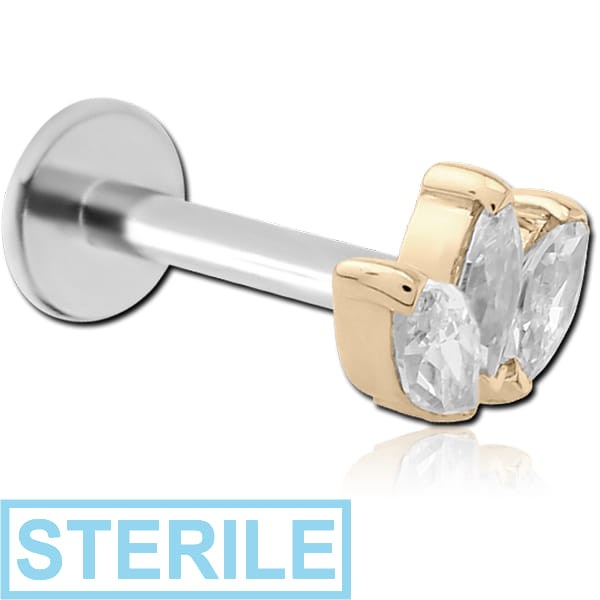 STERILE 14K GOLD JEWELLED ATTACHMENT WITH SURGICAL STEEL INTERNALLY THREADED MICRO LABRET PIN