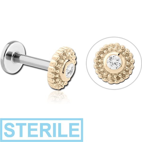 STERILE 14K GOLD JEWELLED ATTACHMENT WITH SURGICAL STEEL INTERNALLY THREADED MICRO LABRET PIN