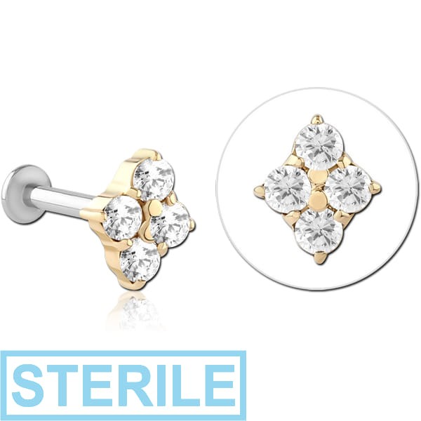 STERILE 14K GOLD JEWELLED ATTACHMENT WITH SURGICAL STEEL INTERNALLY THREADED MICRO LABRET PIN