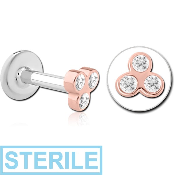 STERILE 14K ROSE GOLD JEWELLED ATTACHMENT WITH SURGICAL STEEL INTERNALLY THREADED MICRO LABRET PIN -FLOWER