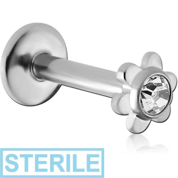 STERILE SURGICAL STEEL INTERNALLY THREADED MICRO LABRET WITH JEWELLED FLOWER