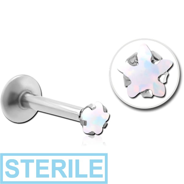 STERILE SURGICAL STEEL INTERNALLY THREADED MICRO LABRET WITH PRONG SET STAR SYNTHETIC OPAL ATTACHMENT