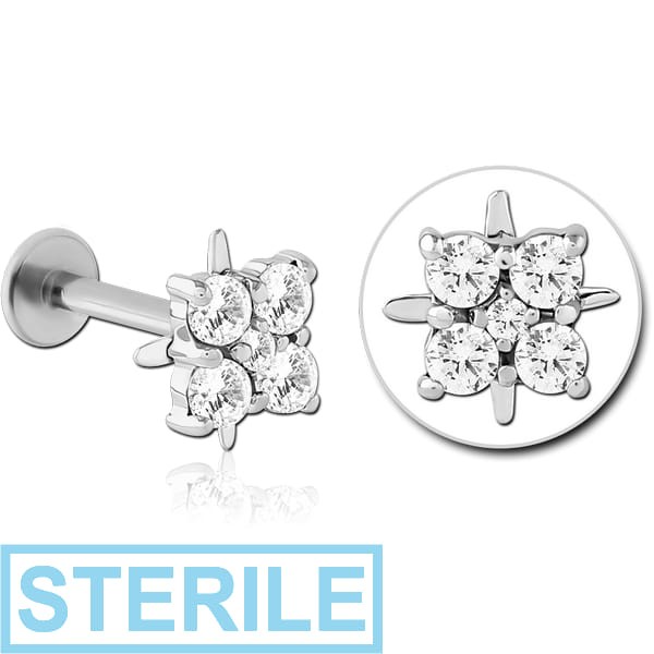 STERILE 14K WHITE GOLD JEWELLED ATTACHMENT WITH SURGICAL STEEL INTERNALLY THREADED MICRO LABRET PIN -FLOWER