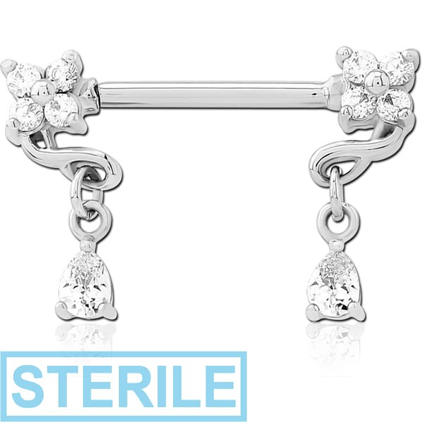 STERILE SURGICAL STEEL NIPPLE PIERCING INTERNAL THREADED BAR WITH MOVING CHARM FINE JEWELLED
