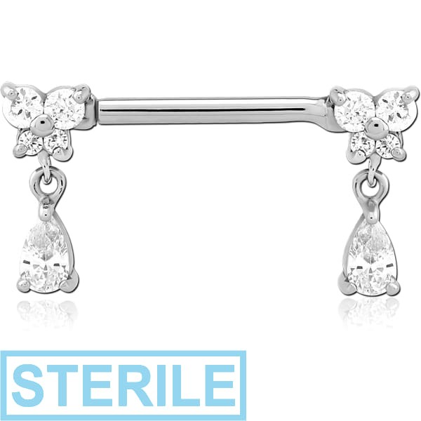 STERILE SURGICAL STEEL NIPPLE PIERCING INTERNAL THREADED BAR WITH MOVING CHARM FINE JEWELLED