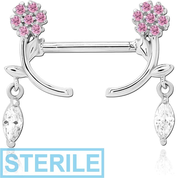 STERILE SURGICAL STEEL NIPPLE PIERCING INTERNAL THREADED BAR WITH MOVING CHARM FINE JEWELLED