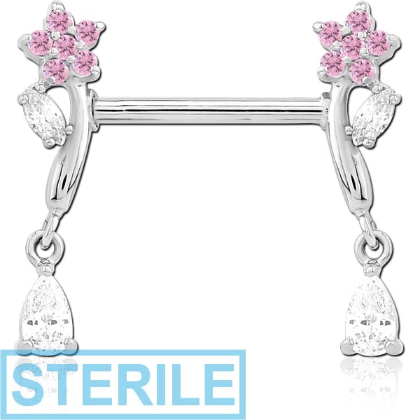 STERILE SURGICAL STEEL NIPPLE PIERCING INTERNAL THREADED BAR WITH MOVING CHARM FINE JEWELLED
