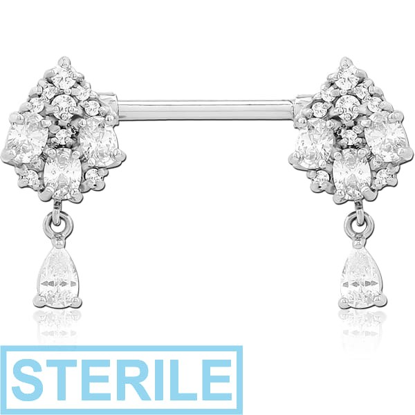 STERILE SURGICAL STEEL NIPPLE PIERCING INTERNAL THREADED BAR WITH MOVING CHARM FINE JEWELLED