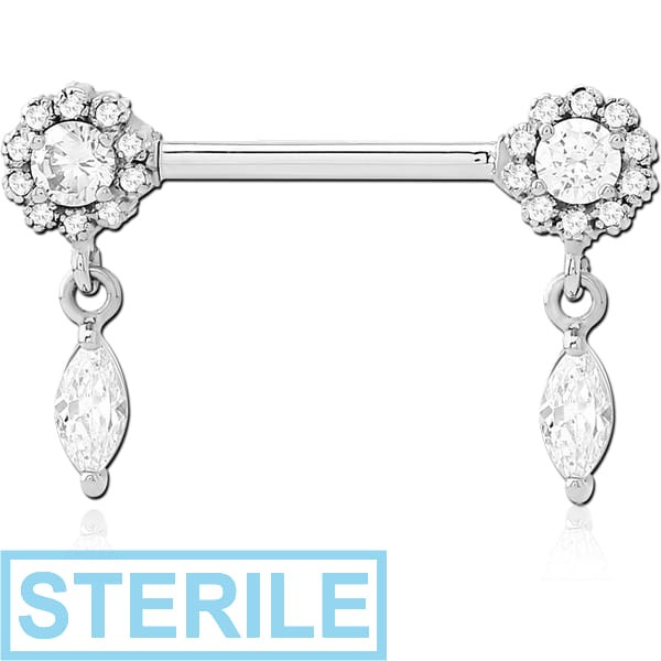 STERILE SURGICAL STEEL NIPPLE PIERCING INTERNAL THREADED BAR WITH MOVING CHARM FINE JEWELLED