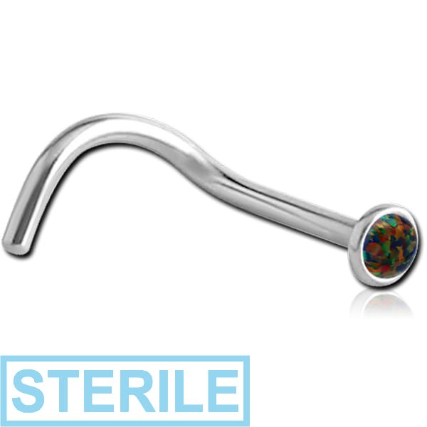 STERILE SURGICAL STEEL JEWELLED CURVED NOSE STUD WITH SYNTHETIC OPAL