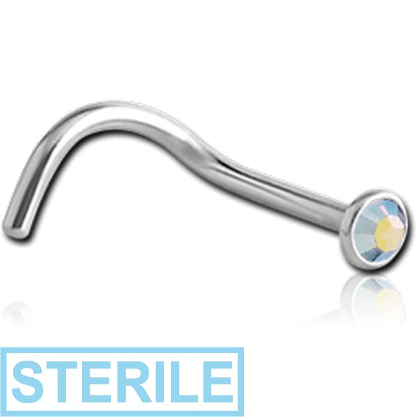 STERILE SURGICAL STEEL HIGH END CRYSTAL JEWELLED CURVED NOSE STUD WITH GLUED STONE