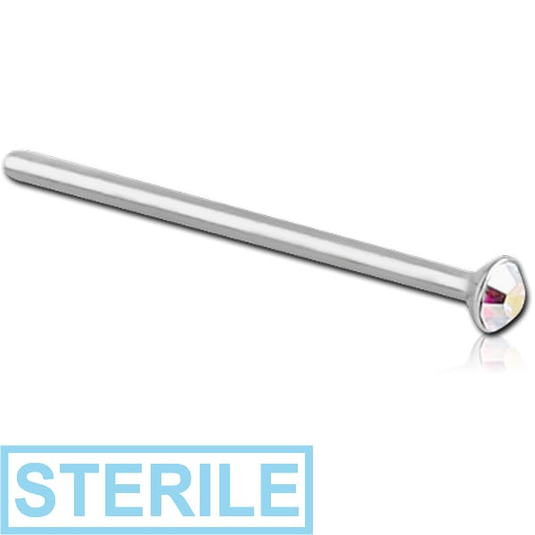 STERILE SURGICAL STEEL JEWELLED STRAIGHT NOSE STUD WITH GLUED STONE 15MM