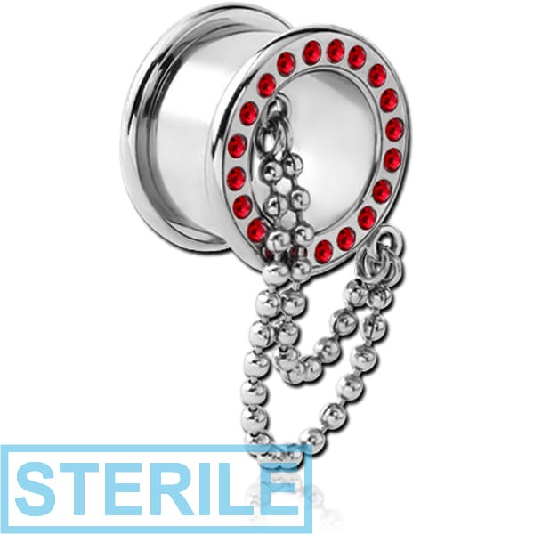 STERILE STAINLESS STEEL VALUE JEWELLED ROUND-EDGE THREADED TUNNEL WITH CHAIN