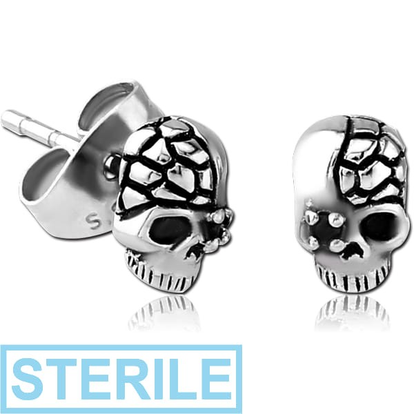 STERILE SURGICAL STEEL KOOL KATANA JEWELLED EAR STUDS PAIR - SKULL