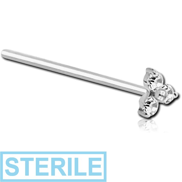 STERILE SURGICAL STEEL STRAIGHT PRONG SET JEWELLED TRINITY NOSE STUD