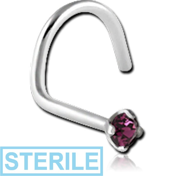 STERILE SURGICAL STEEL LARGE LEFT CURVED PRONG SET 2MM JEWELLED NOSE STUD