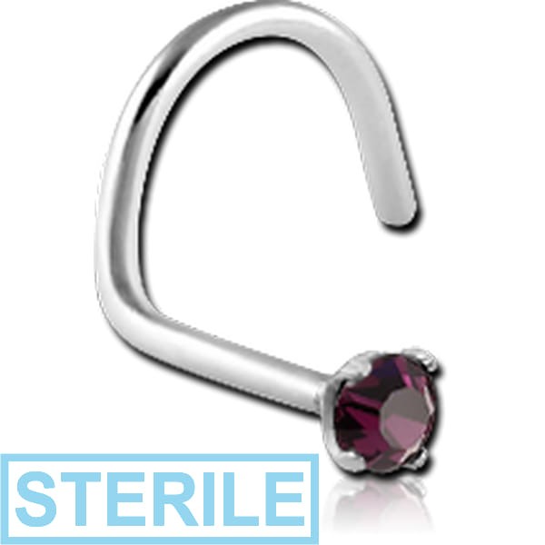 STERILE SURGICAL STEEL LARGE LEFT CURVED PRONG SET 2.5MM JEWELLED NOSE STUD