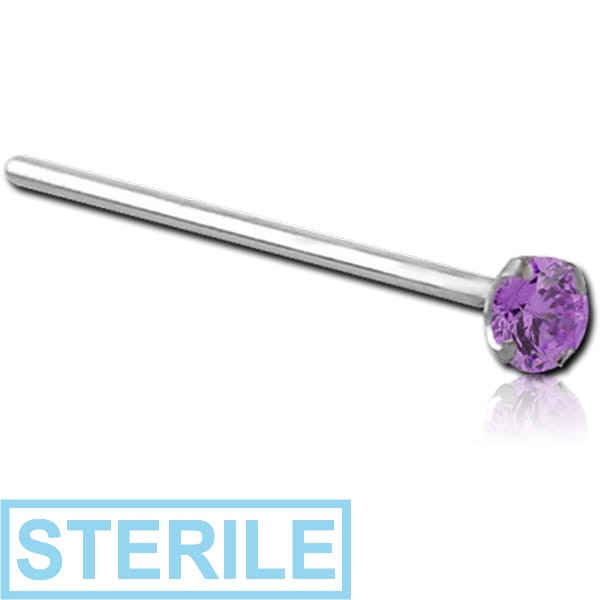 STERILE SURGICAL STEEL STRAIGHT PRONG SET 2.5MM JEWELLED NOSE STUD 19MM