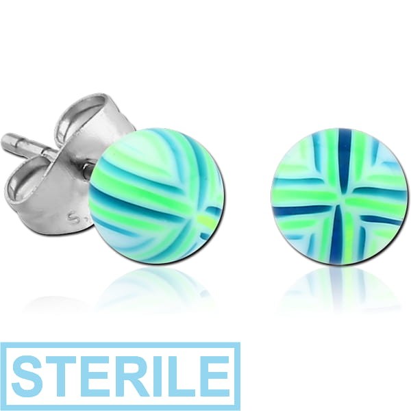 STERILE MULTI-STRIPE UV ACRYLIC BEACH BALL EAR STUDS PAIR